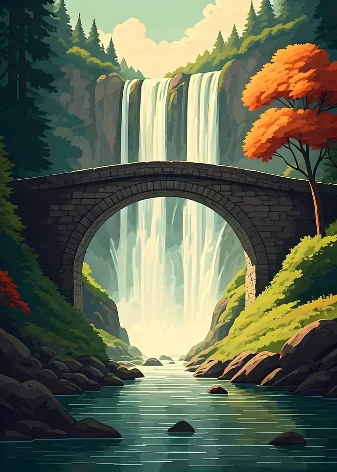 Stone Bridge over a Waterfall Retro Illustration
