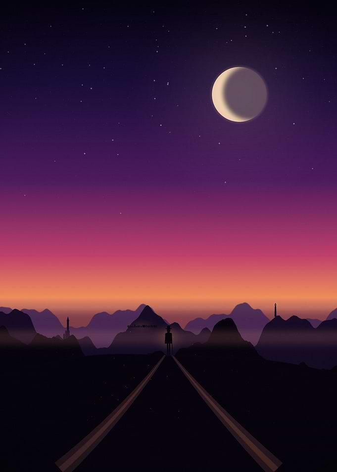 Lone traveler on a road at sunset
