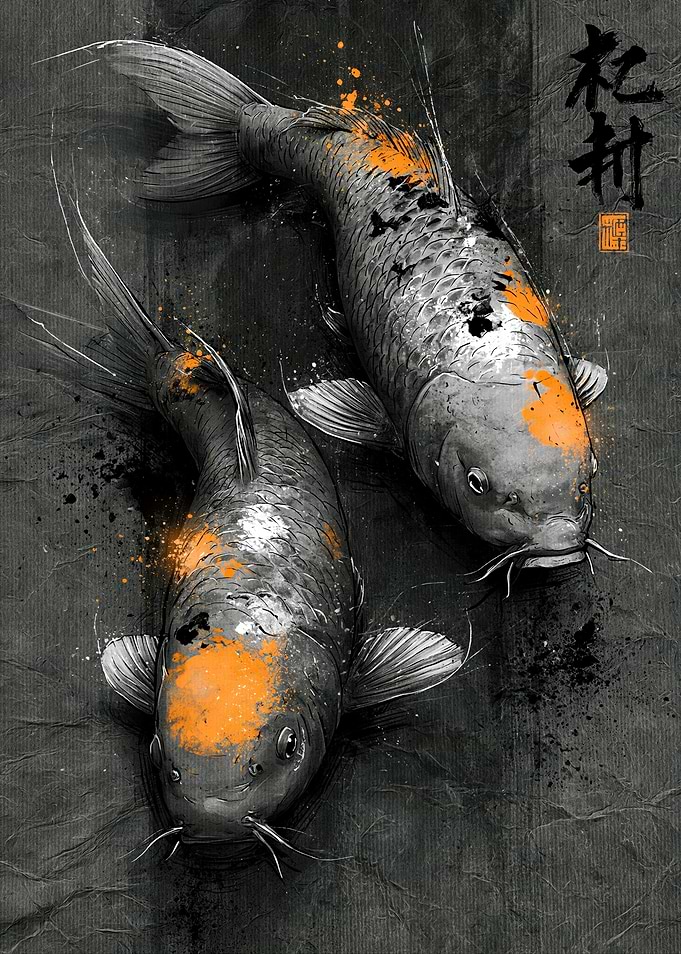 Two Koi Fish with Orange Splashes