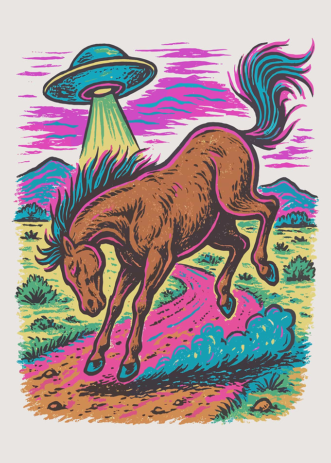 UFO Horse Poster, Retro Flying Saucer Wall Art, Surreal Western Sci-Fi Print