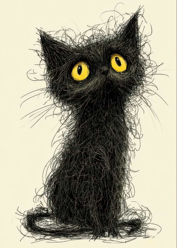 Scruffy Black Cat with Big Yellow Eyes