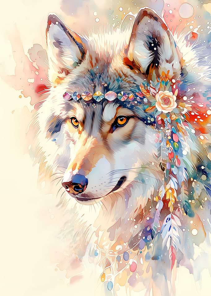 Watercolor Wolf with Bohemian Headdress