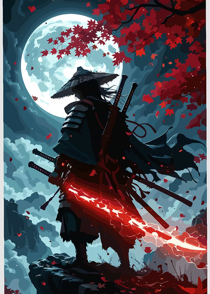 Samurai with glowing sword under the moon