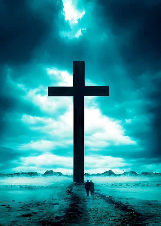 Couple walking towards a large cross
