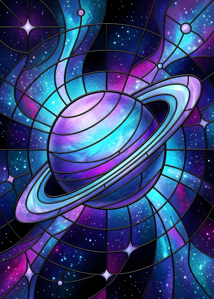 Stained Glass Saturn in Cosmic Nebula
