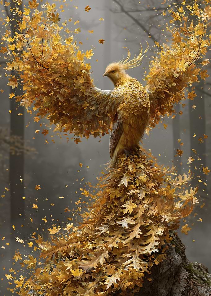 Autumn Phoenix Made of Leaves