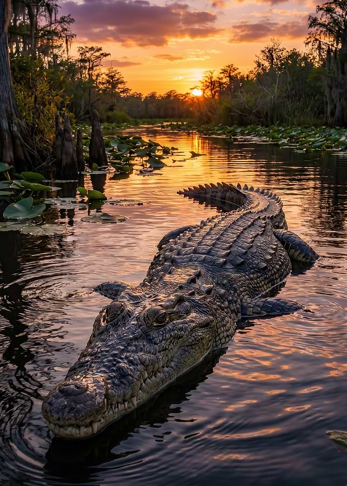 Alligator in Swamp at Sunset