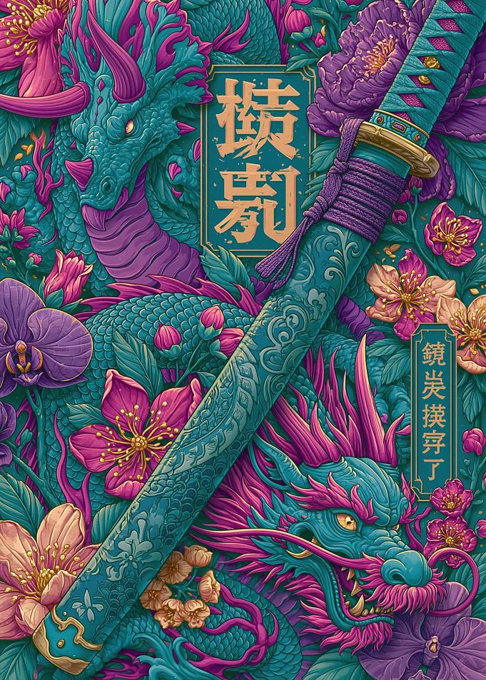 Dragons and Katana with Flowers