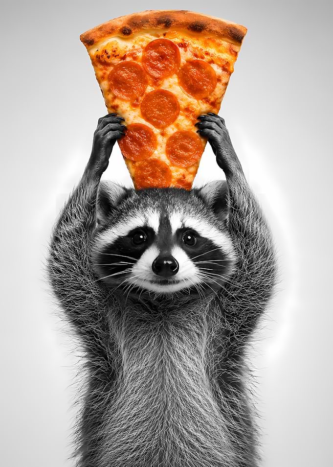 Raccoon holding a slice of pepperoni pizza
