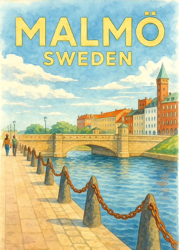 Malmö Sweden Vintage Travel Poster | Watercolor Canal City Wall Art