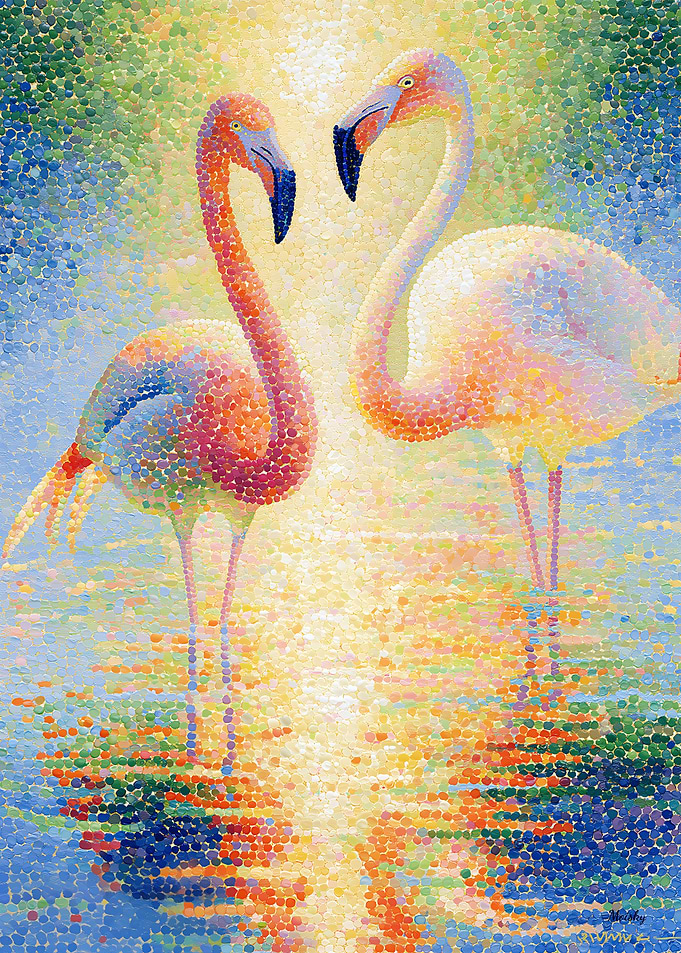 Colorful Pointillism Flamingos – Bright Tropical Animal Wall Art