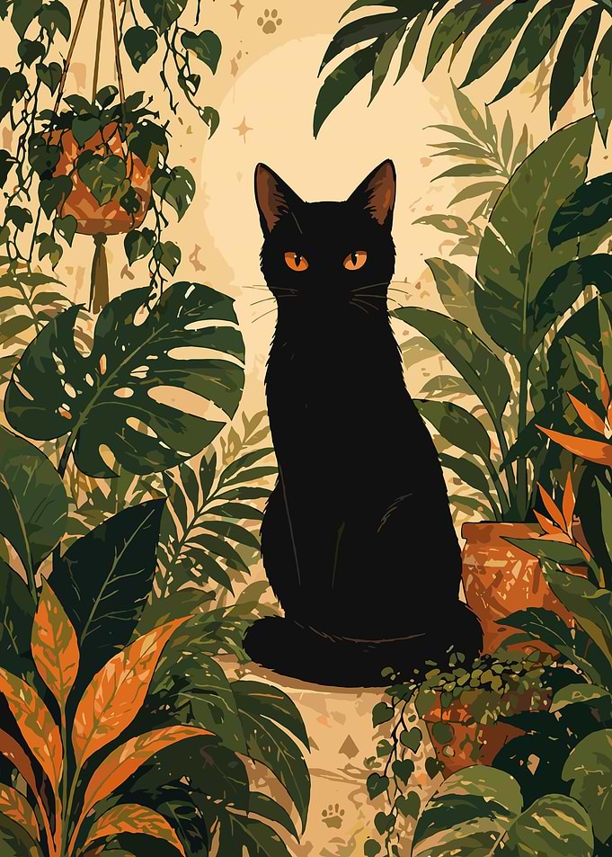 Black Cat in a Lush Jungle Garden
