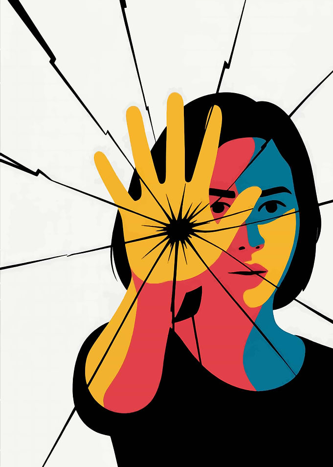 Woman's face behind broken glass