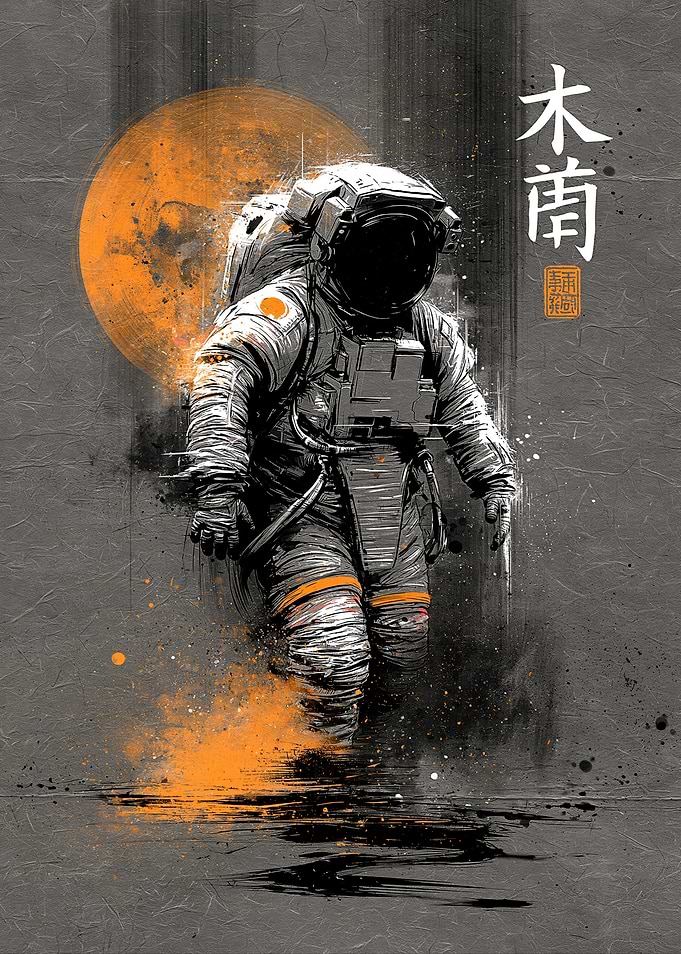 Astronaut Walking Towards Orange Moon
