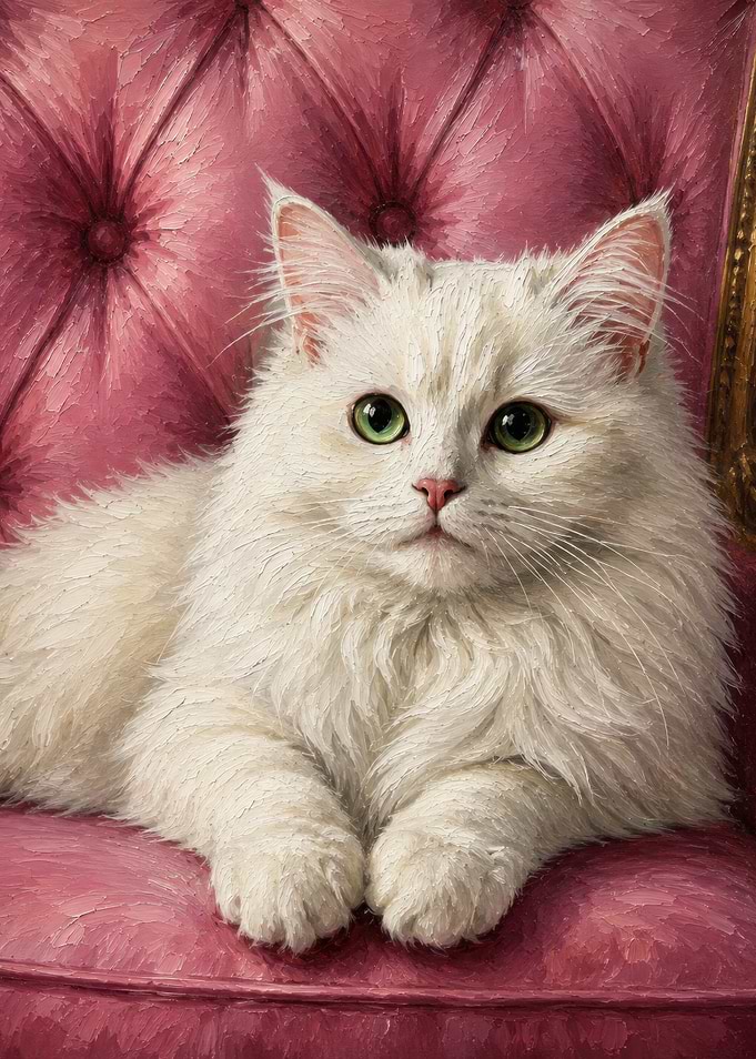 White cat on a pink tufted chair