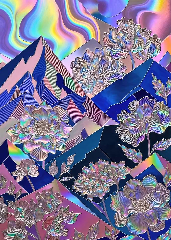 Holographic Floral Mountain Landscape