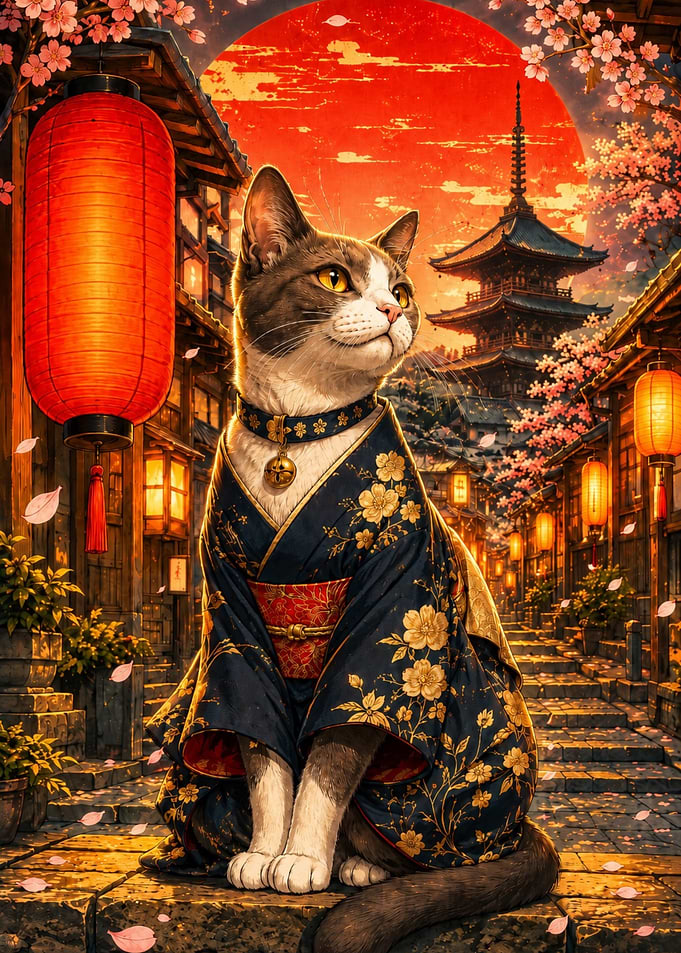 Cat in Kimono in Japanese Tokio Street