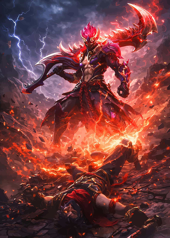 Warrior with fiery sword and defeated foe