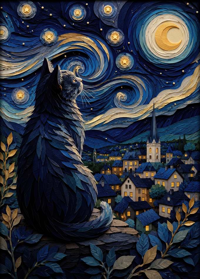 Cat Gazing at Starry Night Village