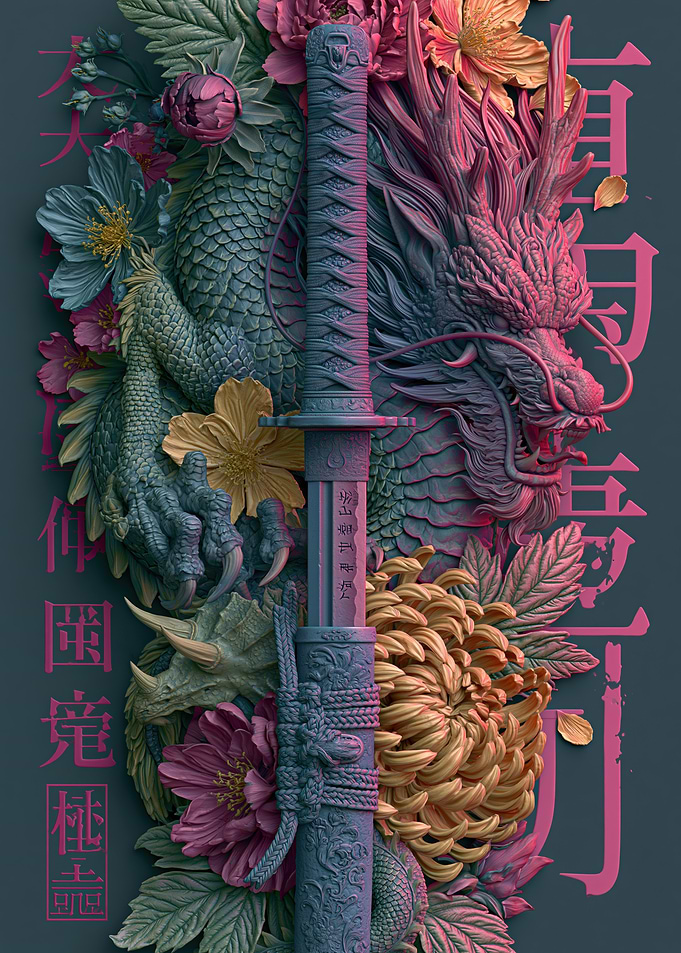 Dragon and Katana with Flowers