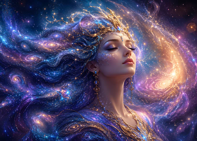 Cosmic Goddess with Flowing Hair