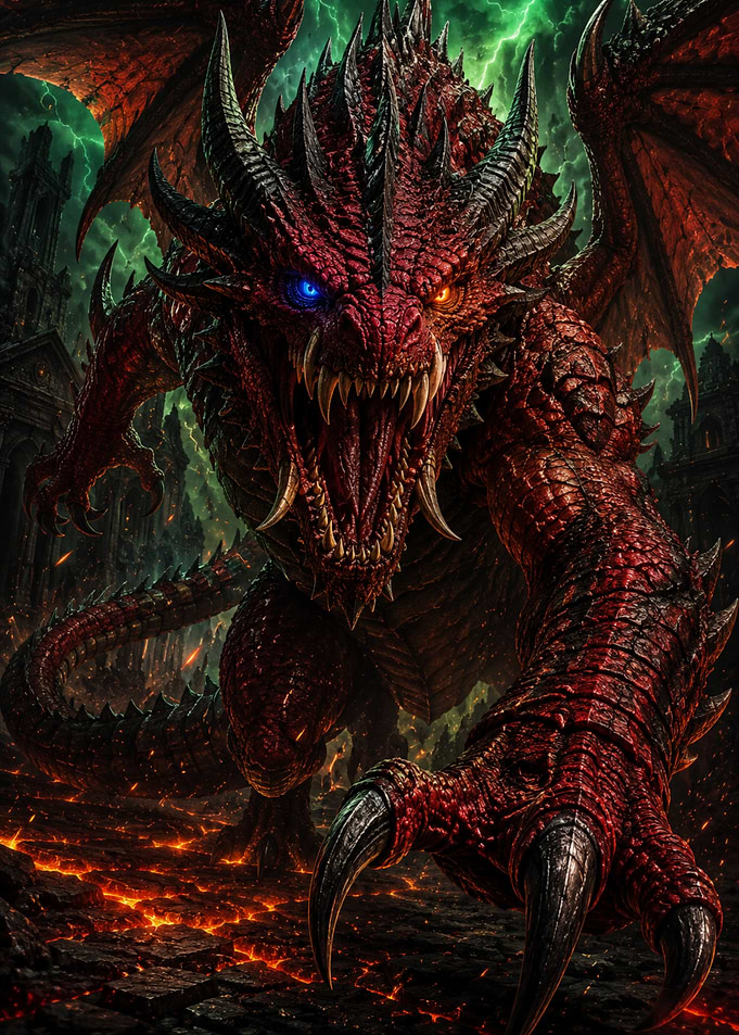Fierce Red Dragon in Fiery Landscape