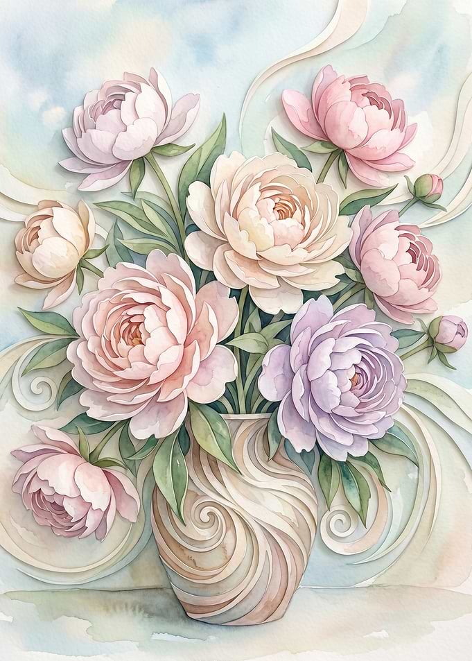 Watercolor Peonies in a Swirled Vase