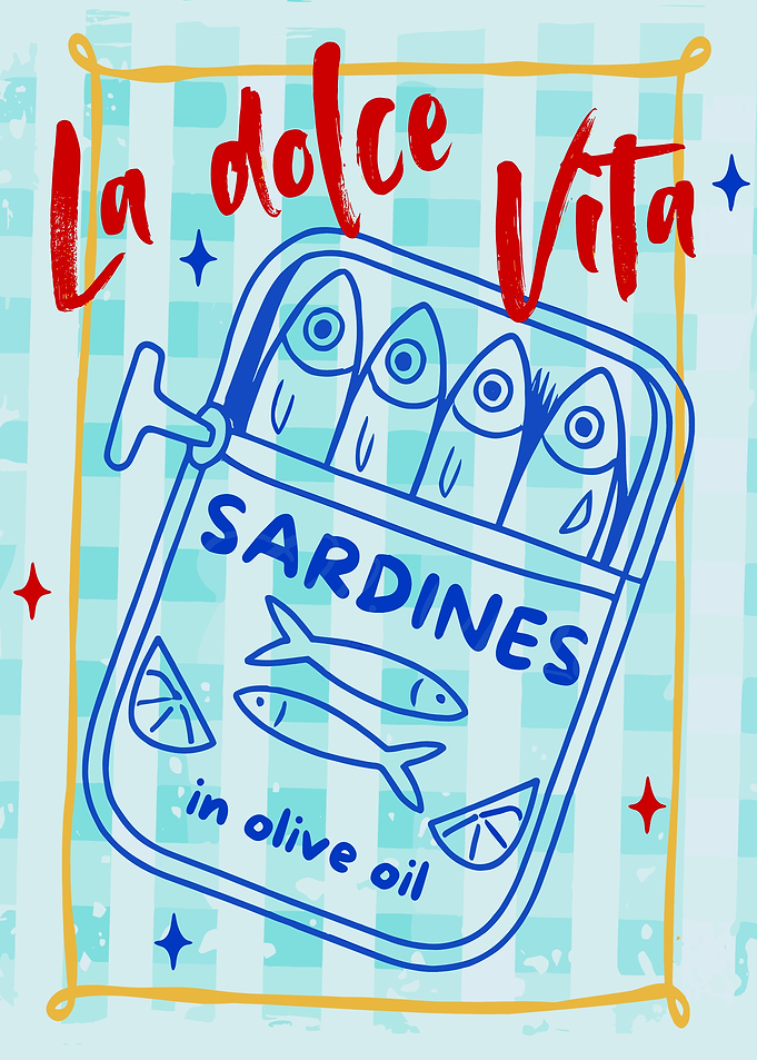 La Dolce Vita Sardines Poster, Italian Kitchen Wall Art, Whimsical Food Illustration Print