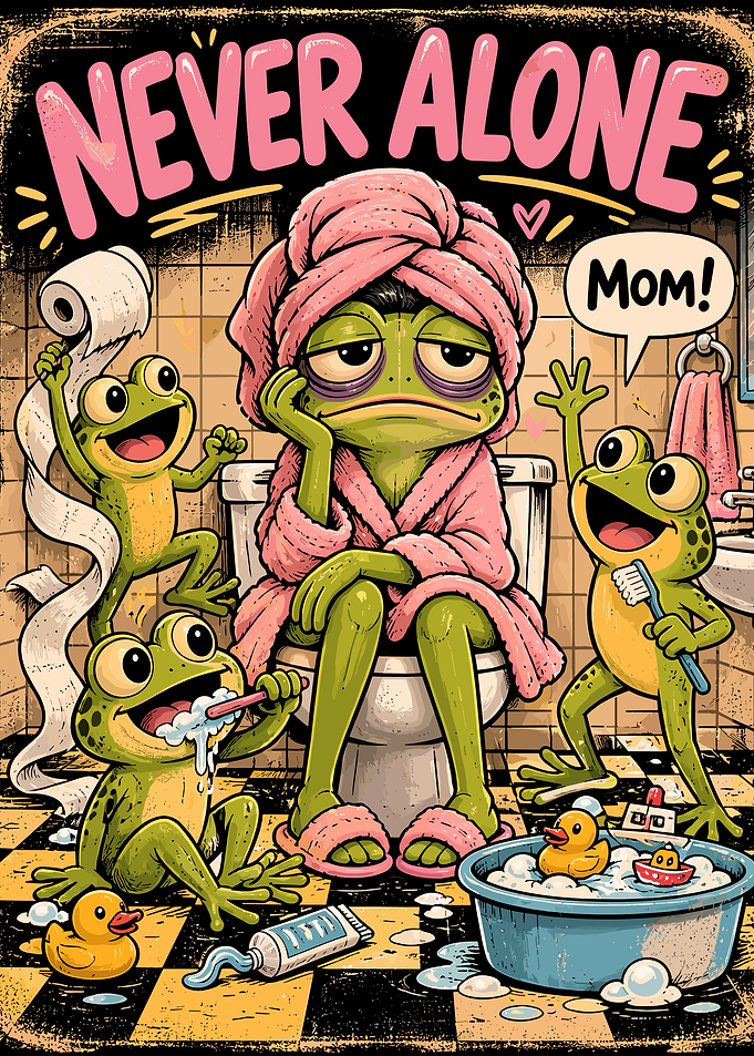 Never Alone Frog Mom Poster, Funny Bathroom Parenting Wall Art, Cute Frog Family Print