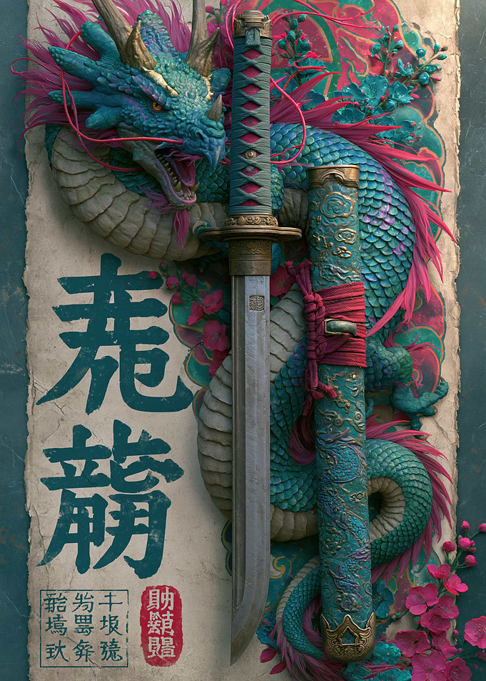 Dragon and Katana with Japanese Calligraphy