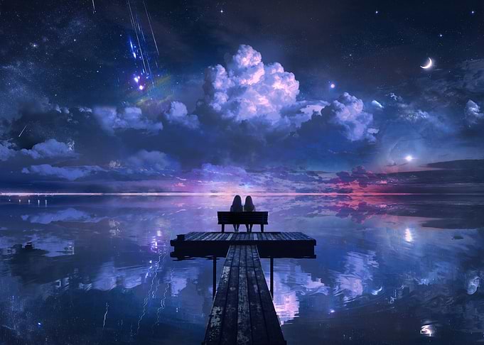 Two figures on a dock under a starry sky
