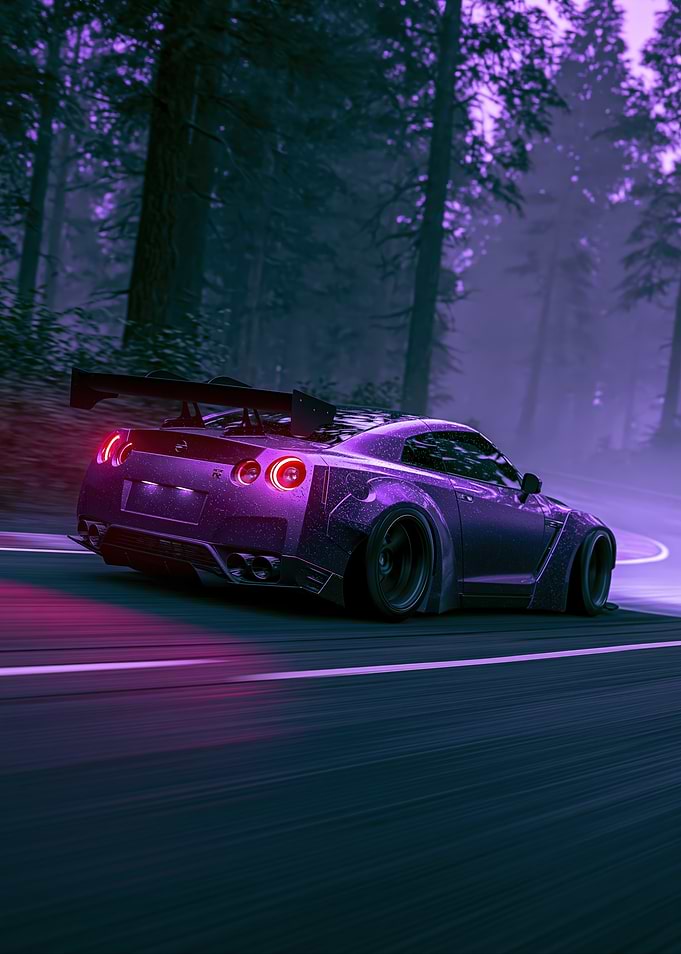 Purple Nissan GT-R Drifting in Forest