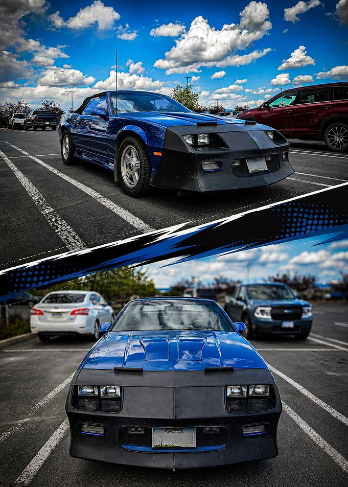 Blue Convertible Camaro in Parking Lot