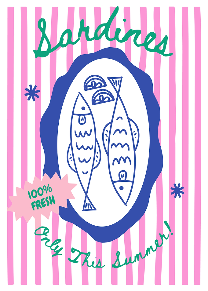 Fresh Sardines Poster, Retro Summer Fish Wall Art, Vintage Seafood Sign Print