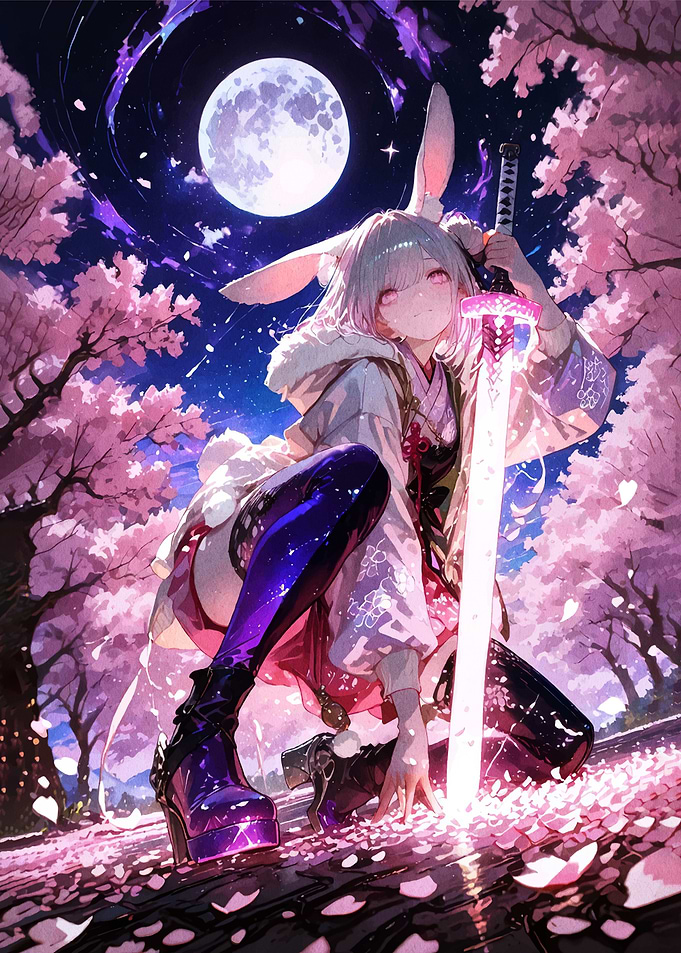 Anime Girl with Glowing Sword Under Moon