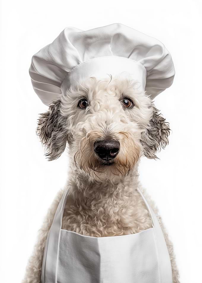 Chef Bedlington Terrier Dog in Chef Hat and Apron