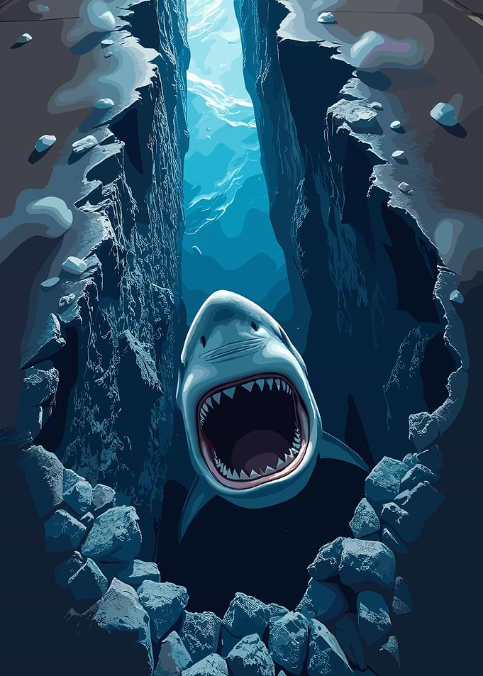 Shark emerging from underwater canyon