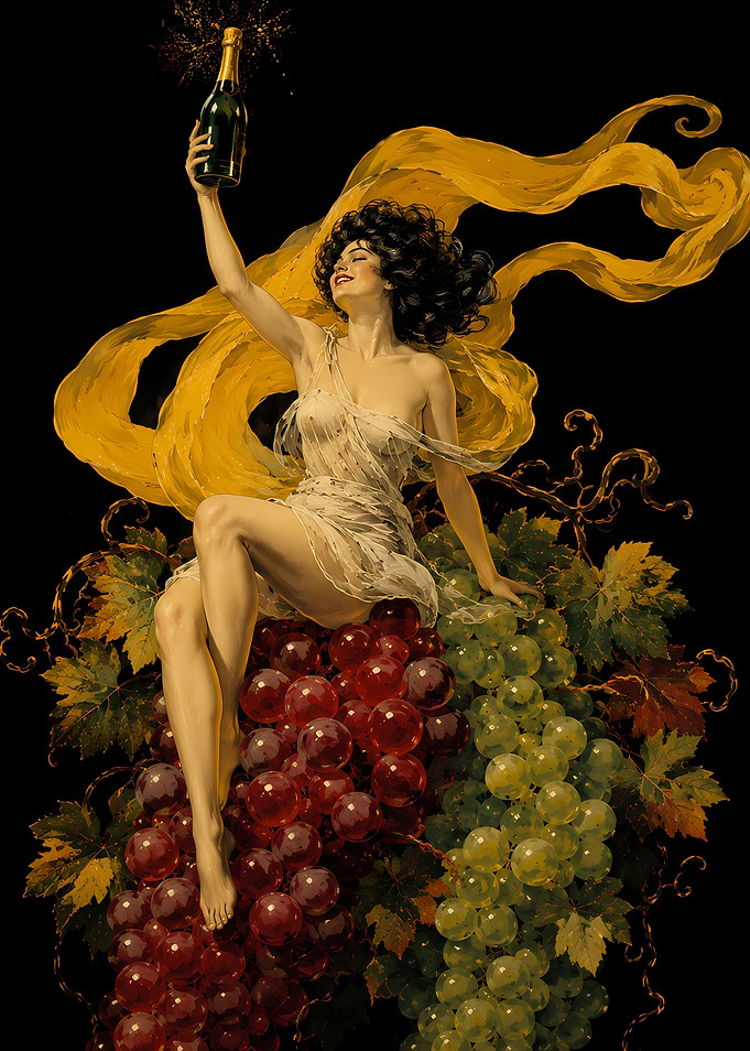 Art Nouveau Woman with Champagne and Grapes