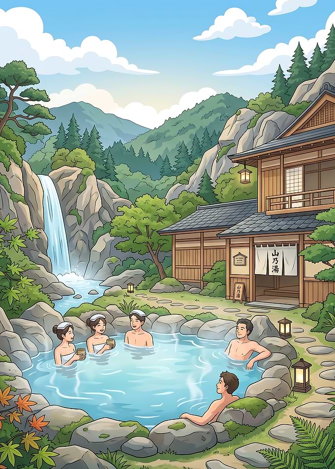 People relaxing in an outdoor hot spring