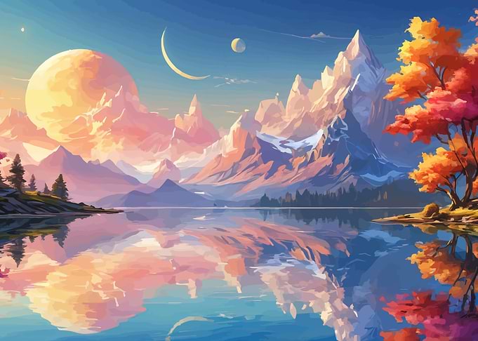 Fantasy Landscape with Mountains and Planets