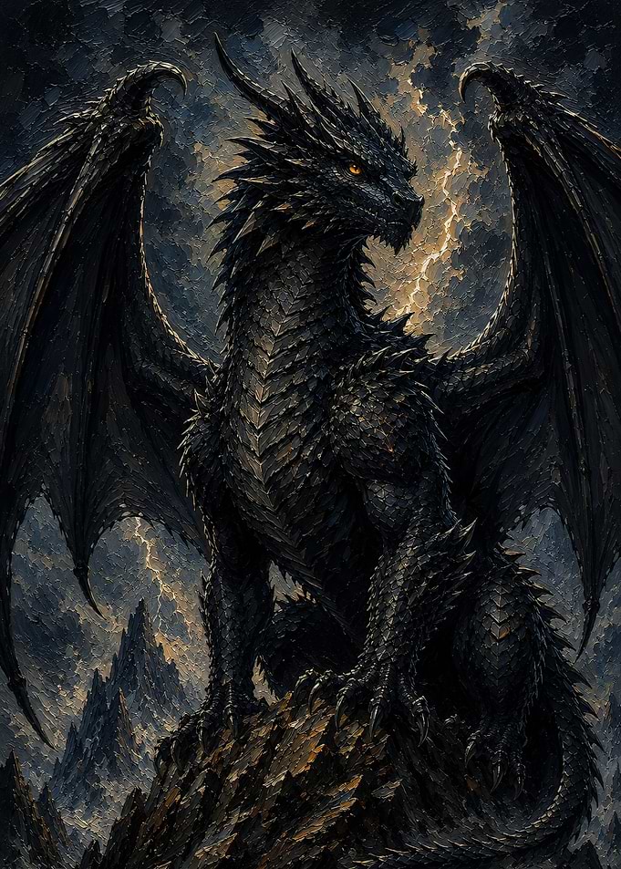 Black Dragon in a Stormy Landscape