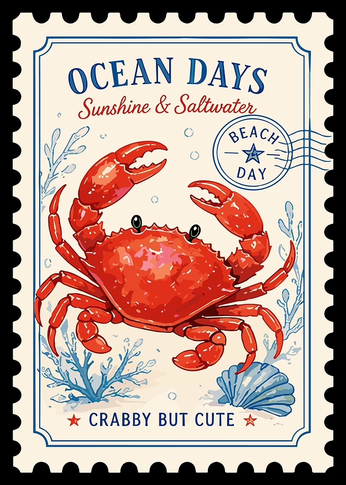 Crabby But Cute Poster, Vintage Crab Beach Art, Ocean Days Summer Wall Print