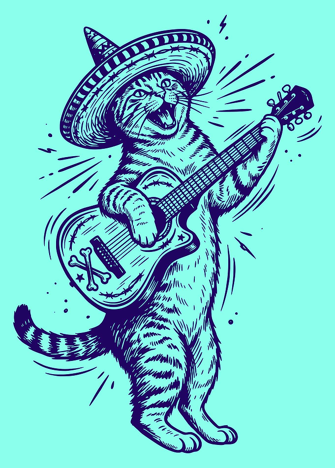 Cat Playing Guitar with Sombrero