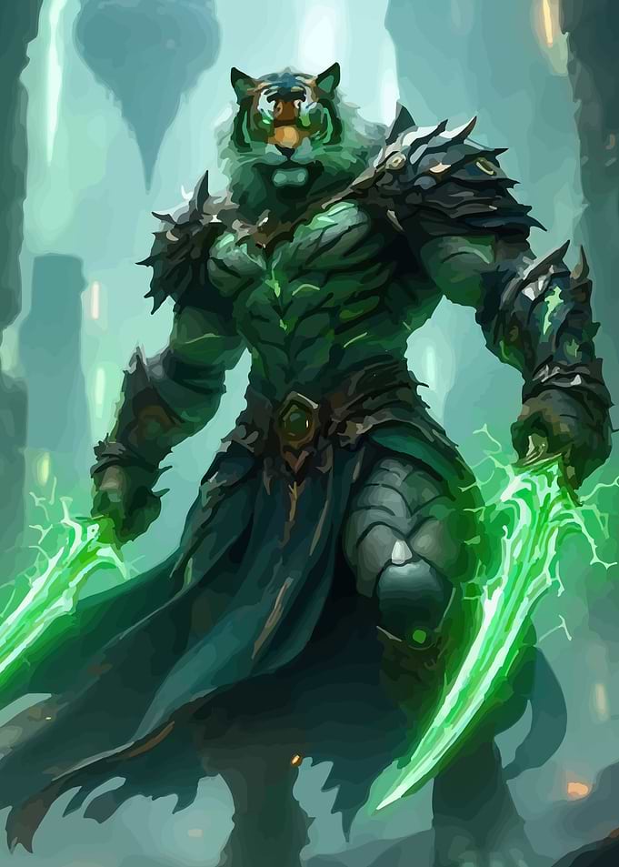Tiger Warrior with Glowing Swords