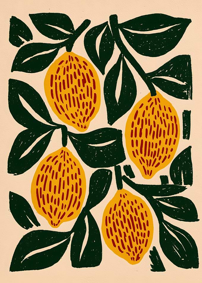 Yellow Lemons on a Branch with Leaves