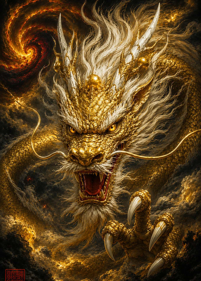 Golden Dragon in Fiery Swirls