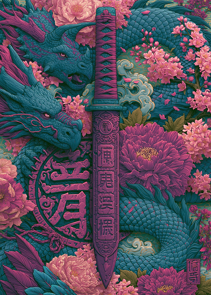 Dragon and Katana with Flowers