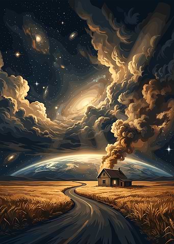 Cosmic Landscape with House and Road