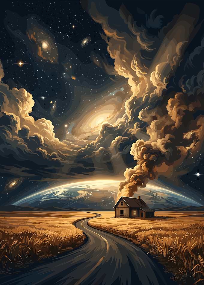 Cosmic Landscape with House and Road