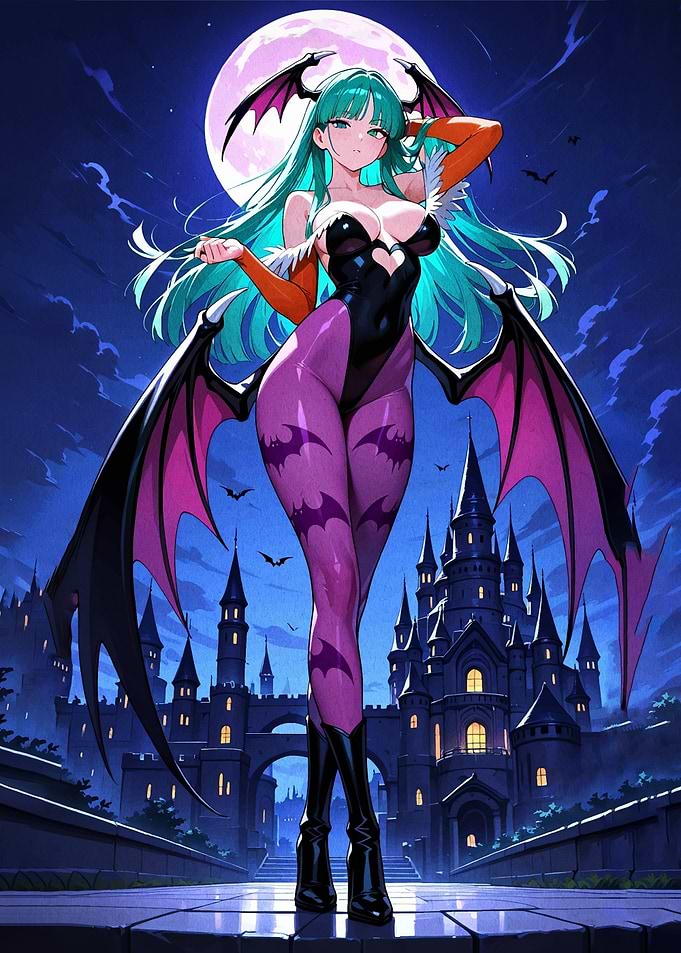 Morrigan Aensland in front of a castle